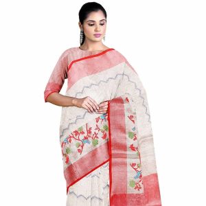 Red Border Saree With Red Embroidery Work